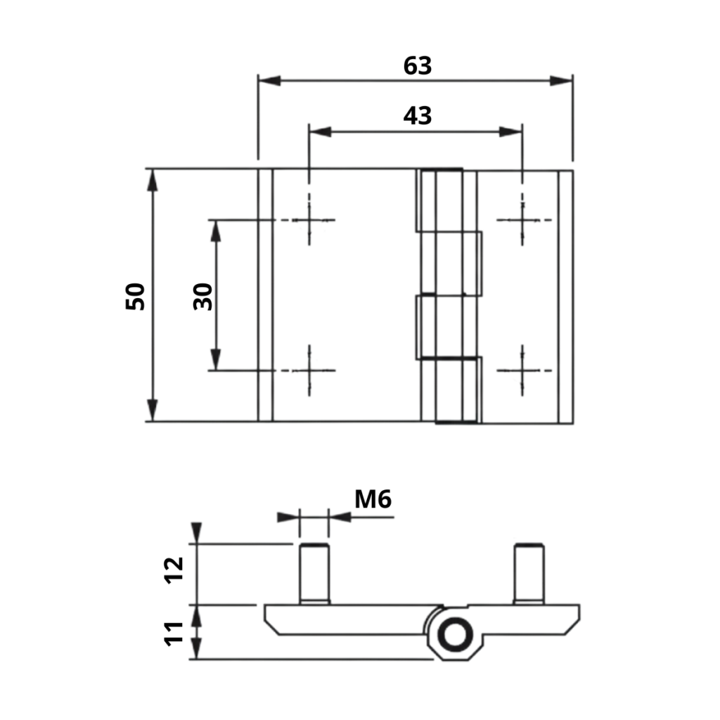 Dobradica Plana Cromado Inox Zamak Nylon com Parafuso 50x63 Desenho Tecnico