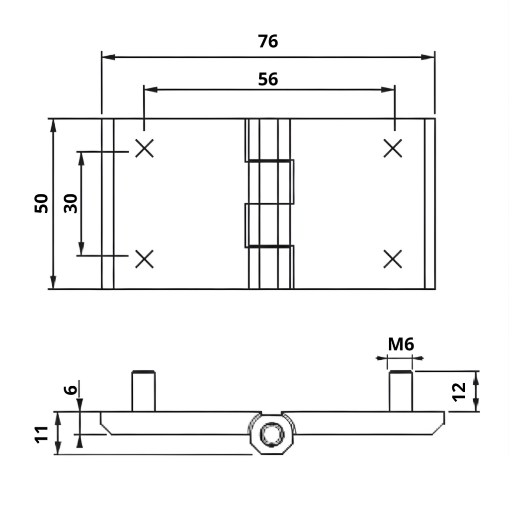 Dobradica Plana Cromado Inox Zamak Nylon com Parafuso 50x76 Desenho Tecnico