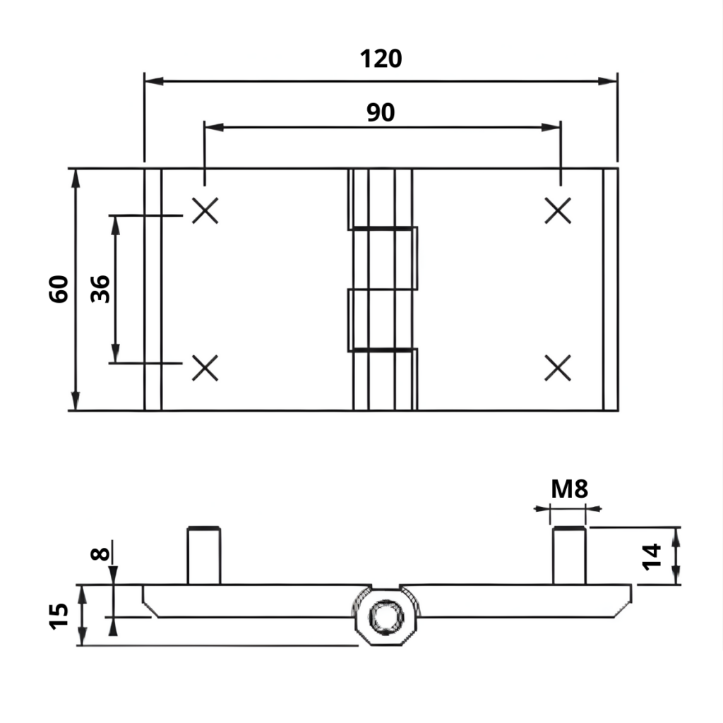 Dobradica Plana Cromado Inox Zamak Nylon com Parafuso 60x120 Desenho Tecnico