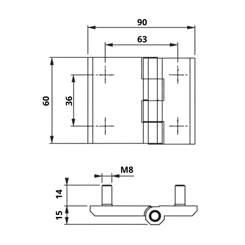 Dobradica Plana Cromado Inox Zamak Nylon com Parafuso 60x90 Desenho Tecnico