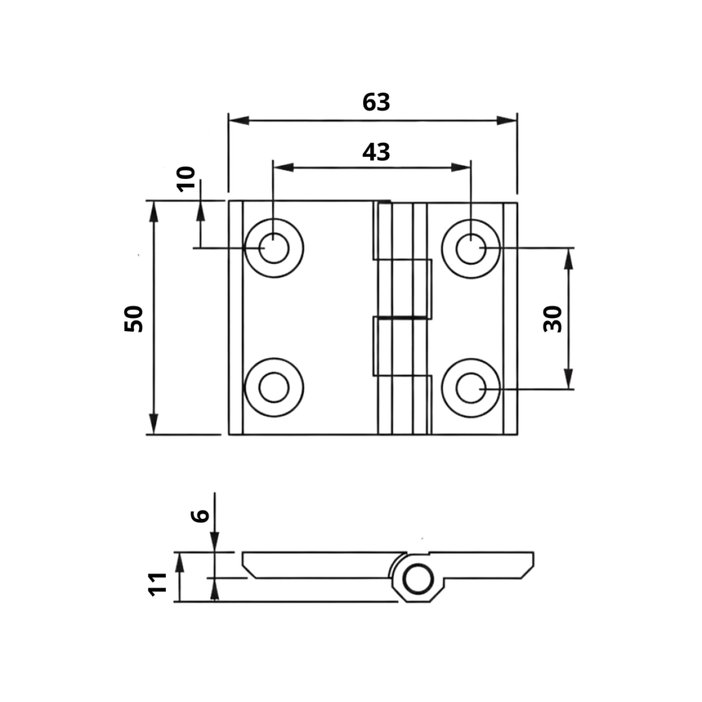 Dobradica Plana Zamak Cromado Nylon Inox com Furacao 50x63 Desenho Tecnico