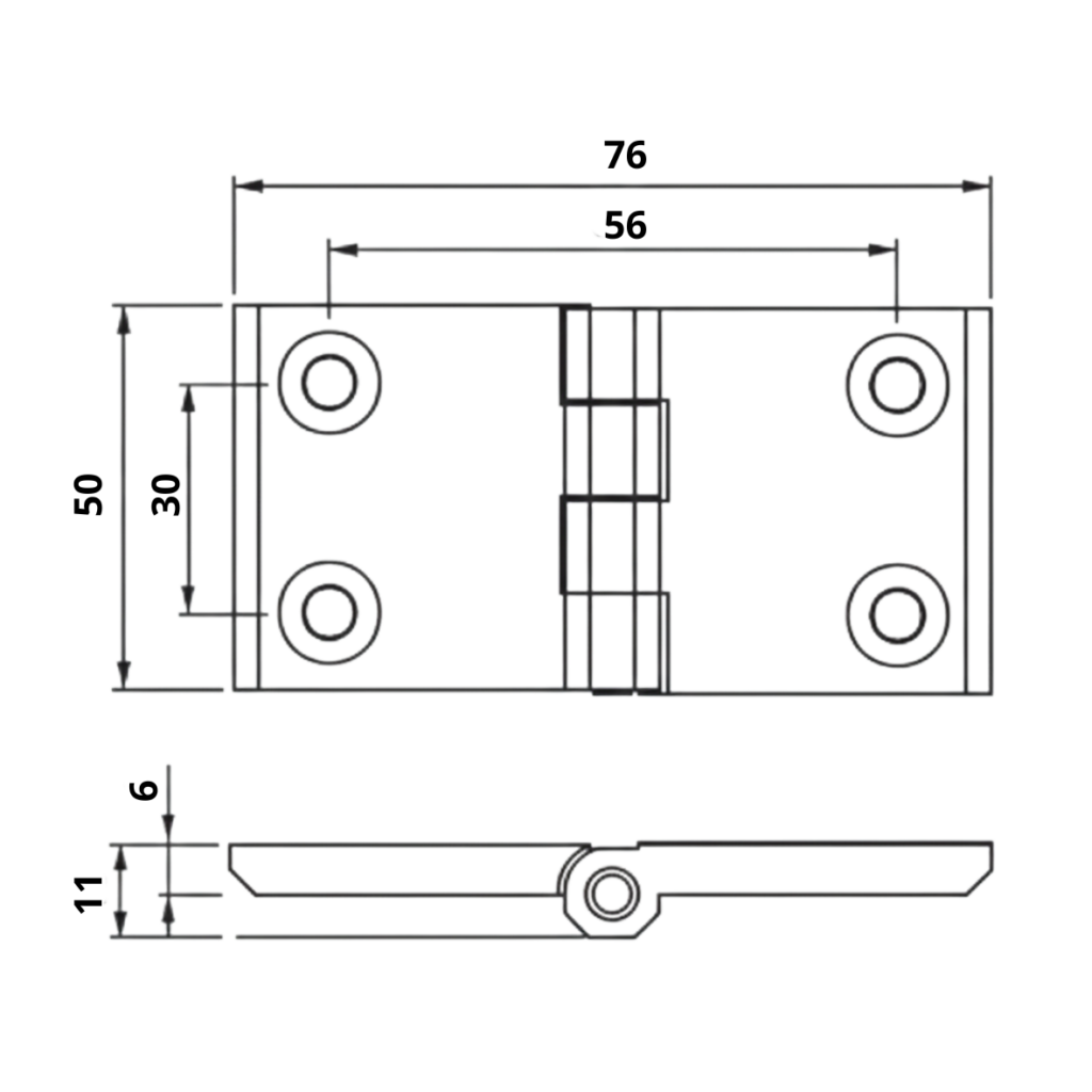 Dobradica Plana Zamak Cromado Nylon Inox com Furacao 50x76 Desenho Tecnico