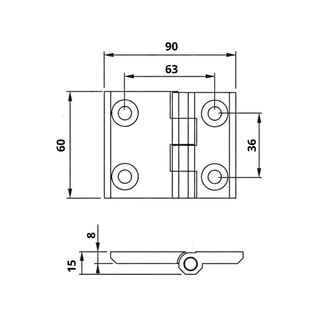 Dobradica Plana Zamak Cromado Nylon Inox com Furacao 60x90 Desenho Tecnico