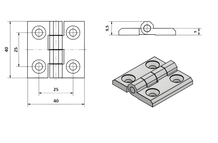 Dobradica Plana Zamak Cromado Nylon Inox com Furacao Desenho Tecnico 40x40 1
