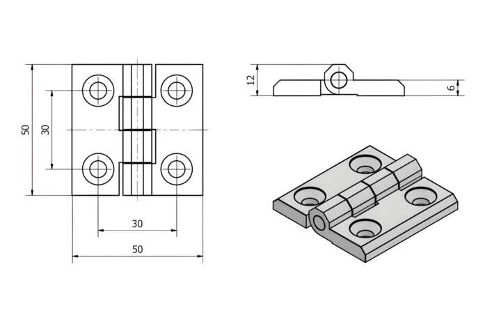 Dobradica Plana Zamak Cromado Nylon Inox com Furacao Desenho Tecnico 50x50 1