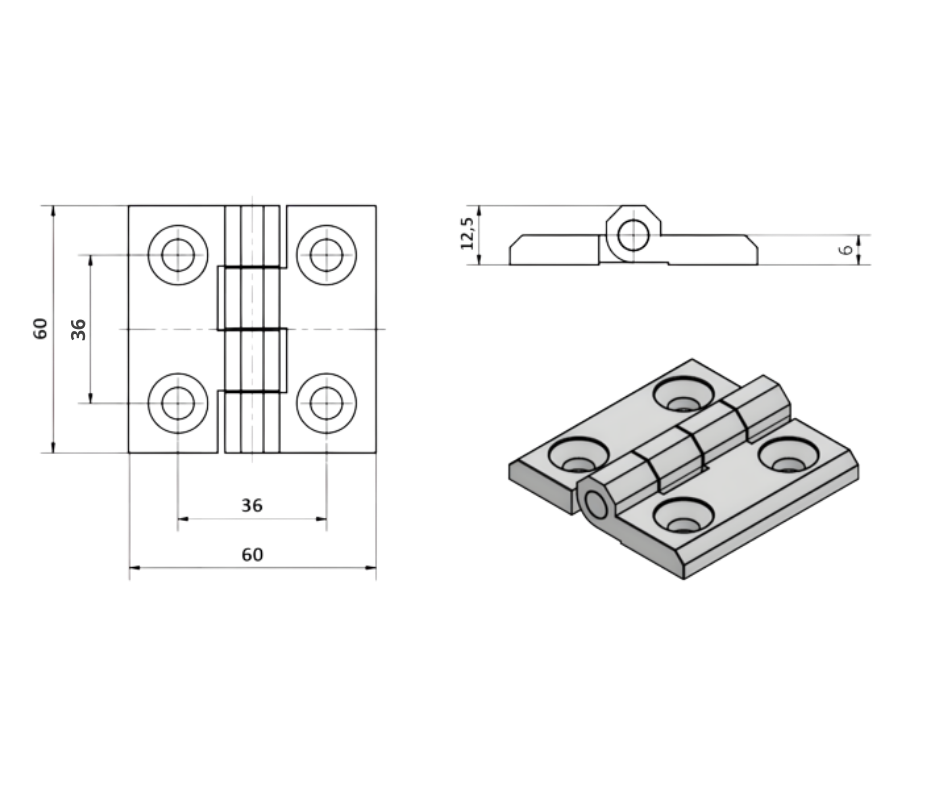 Dobradica Plana Zamak Cromado Nylon Inox com Furacao Desenho Tecnico 60x60 1