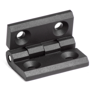 Dobradiça de metal preto com quatro furos de fixação