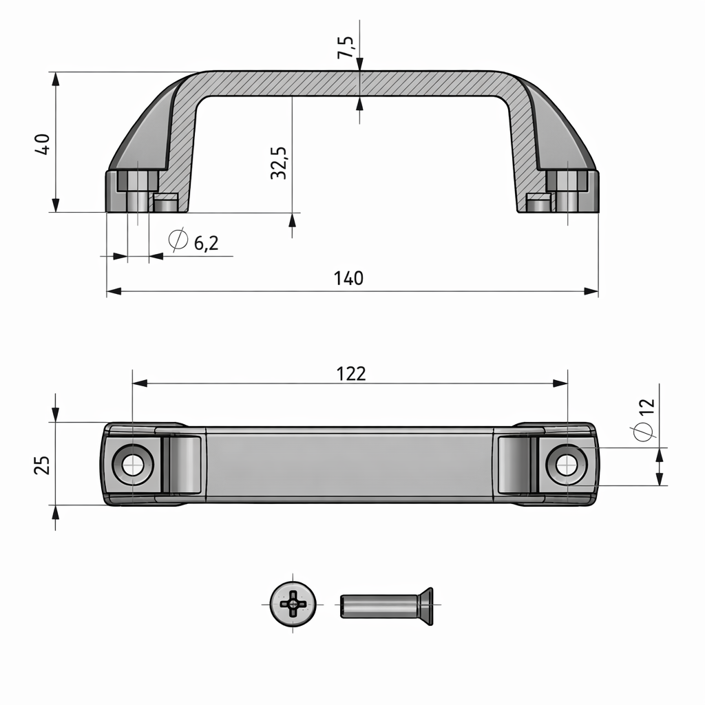 2 Puxador Industrial de Nylon escariado 122 Desenho Tecnico