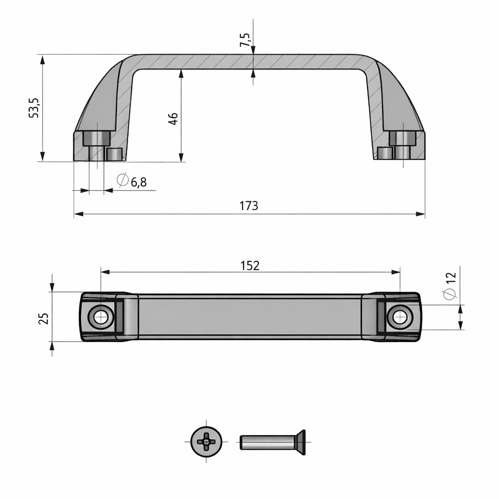 2 Puxador Industrial de Nylon escariado 152 Desenho Tecnico