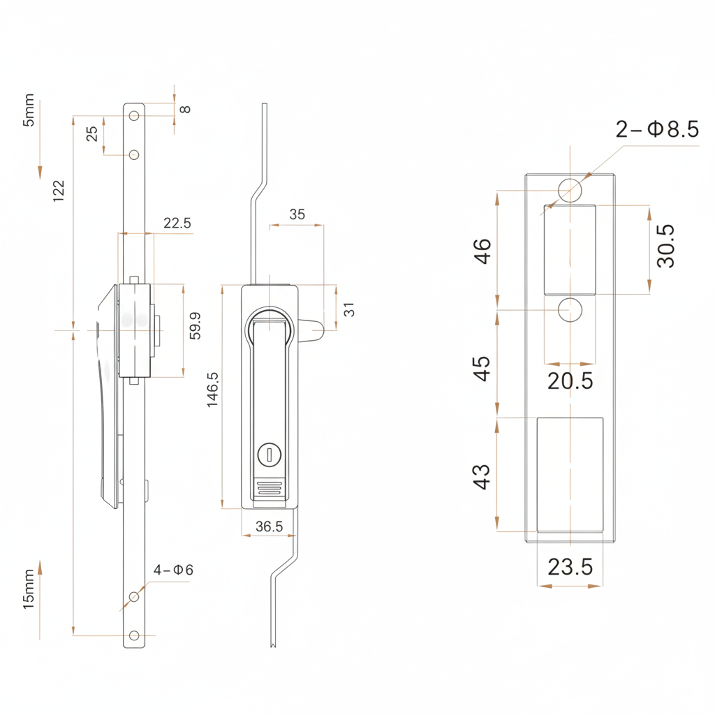 3 Fecho Escamoteavel Metalico com travamento em 3 pontos Medio Desenho Tecnico