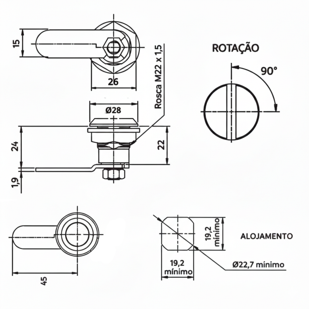Desenho técnico de fecho em nylon com rotação 90 graus e rosca M22