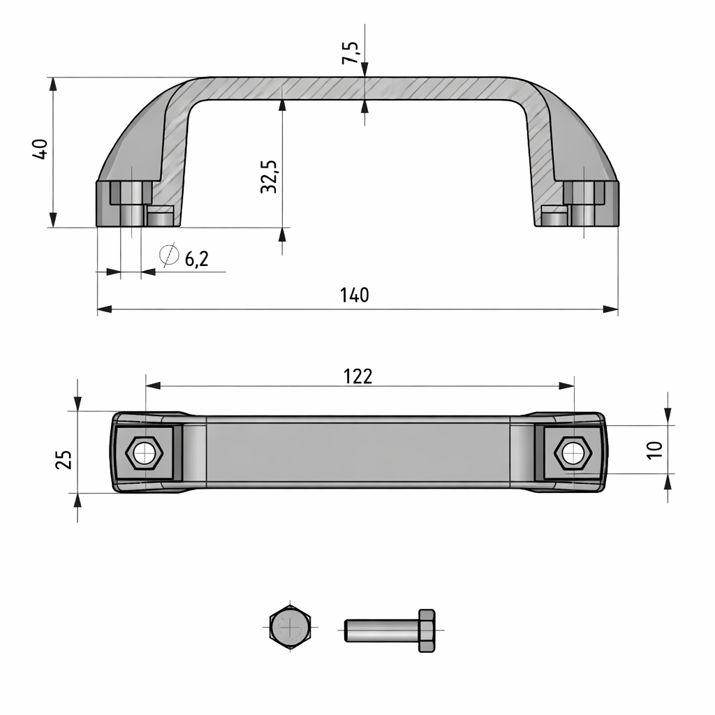 3 Puxador Industrial de Nylon sextavado 122 Desenho Tecnico