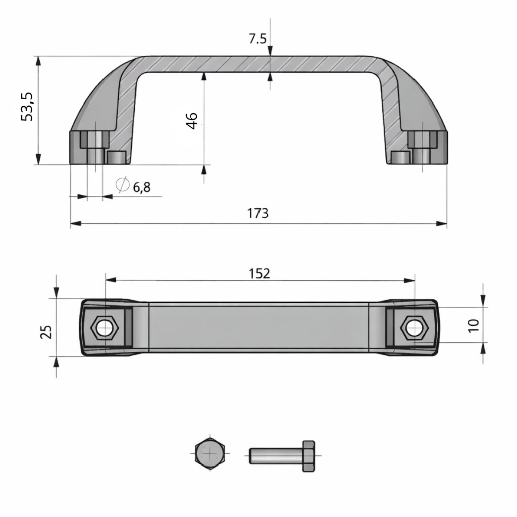 3 Puxador Industrial de Nylon sextavado 152 Desenho Tecnico