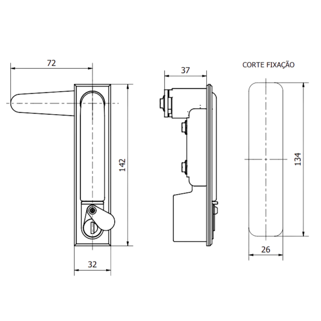 4 Fecho escamoteavel quarto de volta 142 mm Desenho Tecnico