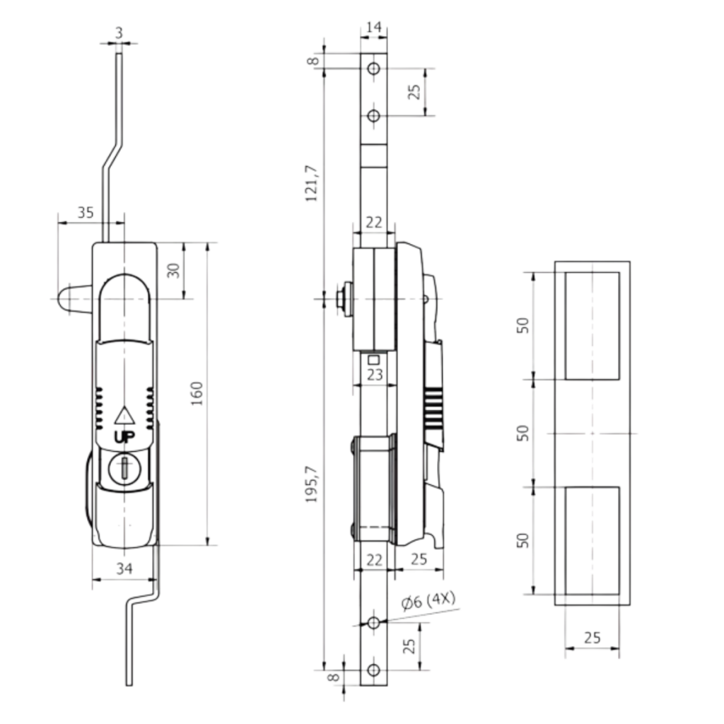 6 Fecho Escamoteavel de Nylon 3 pontos com Protecao de Miolo Desenho Tecnico