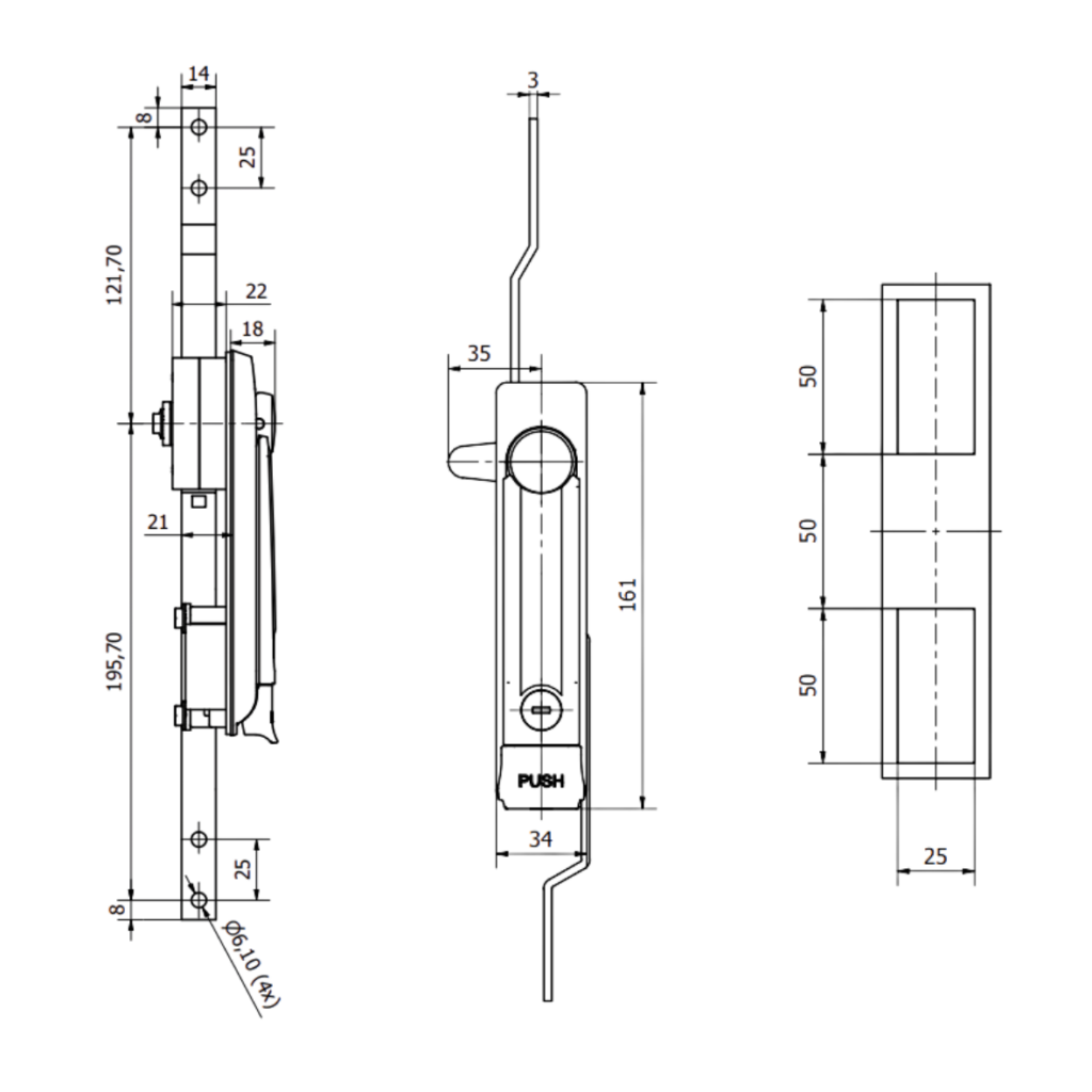 8 Fecho Escamoteavel Metalico com travamento em 3 pontos Desenho Tecnico