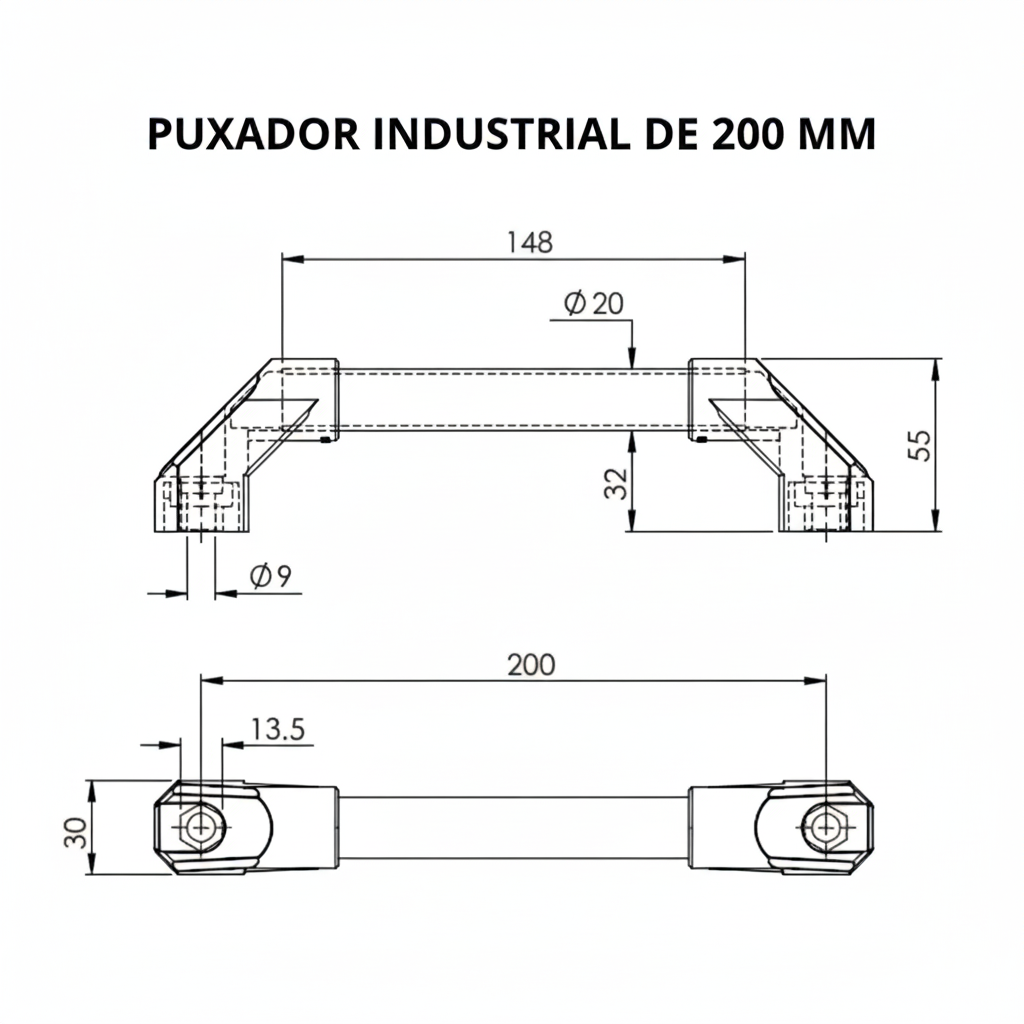 Puxador Industrial de Aluminio 200 mm Desenho Tecnico