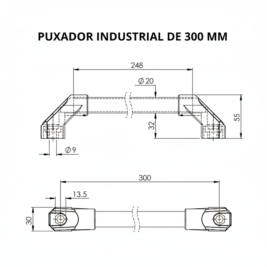 Puxador Industrial de Aluminio 300 mm Desenho Tecnico