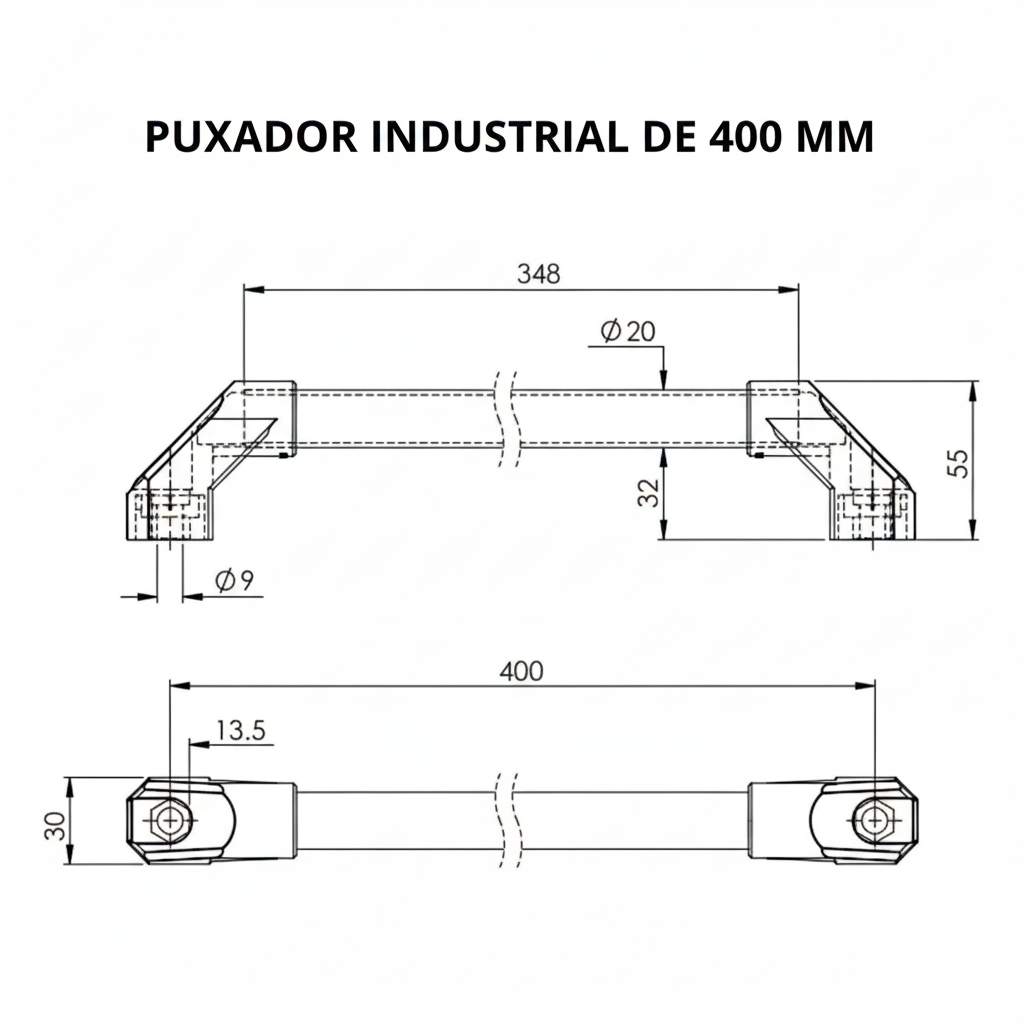 Puxador Industrial de Aluminio 400 mm Desenho Tecnico
