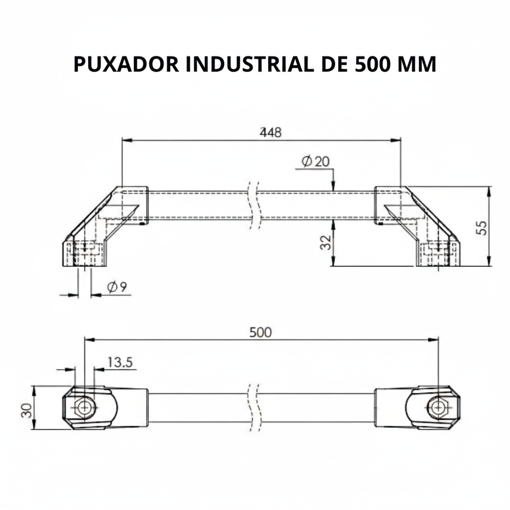 Puxador Industrial de Aluminio 500 mm Desenho Tecnico