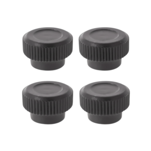 Conjunto de quatro manípulos botão fêmea em polipropileno pretos, isolados em fundo branco.