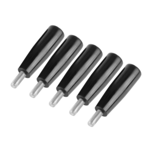 Cinco cabos de baquelite pretos com rosca metálica.