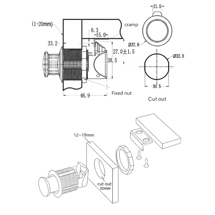 1 Fecho Botao Retratil Desenho Tecnico