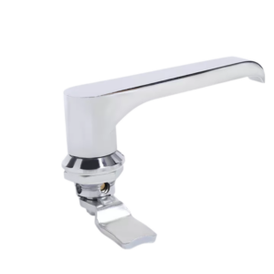 Fecho lingueta maçaneta L cromado sem chave. Ideal para armários e gavetas.