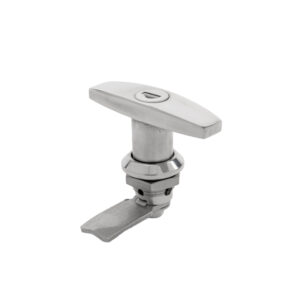 Fecho lingueta maçaneta T Yale inox, detalhe do mecanismo de travamento.