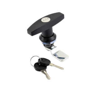 Fecho lingueta maçaneta T Yale preto com duas chaves. Ideal para armários e gavetas.