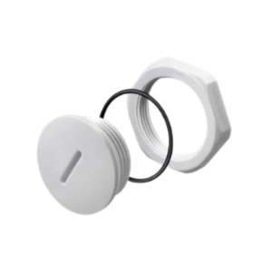 Plugue impermeável de nylon IP68 com anel de vedação e porca. Vedação confiável para ambientes úmidos.
