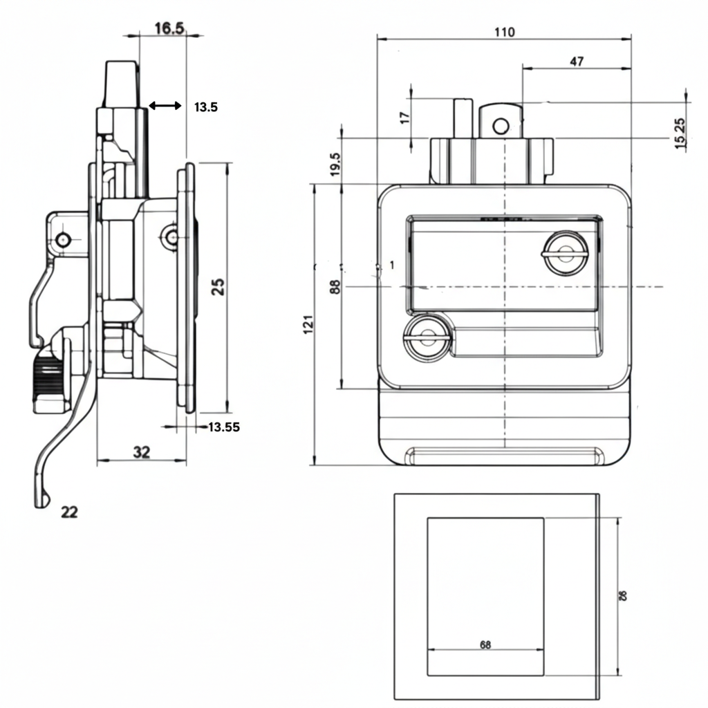 4 Fecho de Embutir SII Com Regulagem Desenho Tecnico