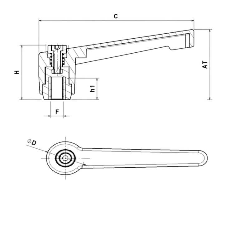 Desenho técnico de alavanca fêmea em nylon com dimensões (C, H, AT, h1, F, D). Alavanca fêmea.