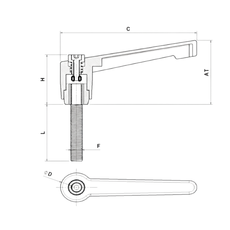 Diagrama de alavanca macho em nylon com medidas detalhadas