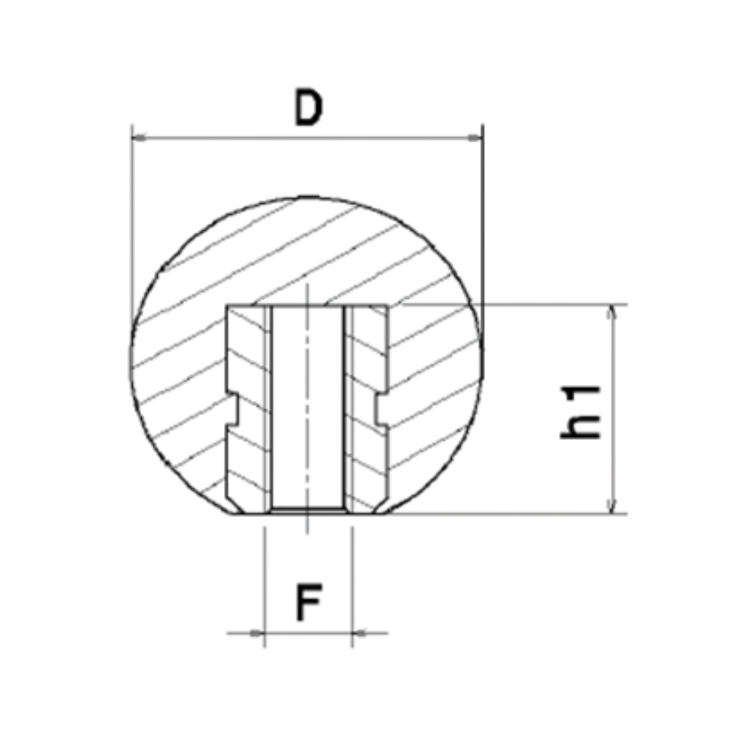 Manípulo bola em baquelite fêmea com dimensões D, h1 e F. Detalhe técnico.
