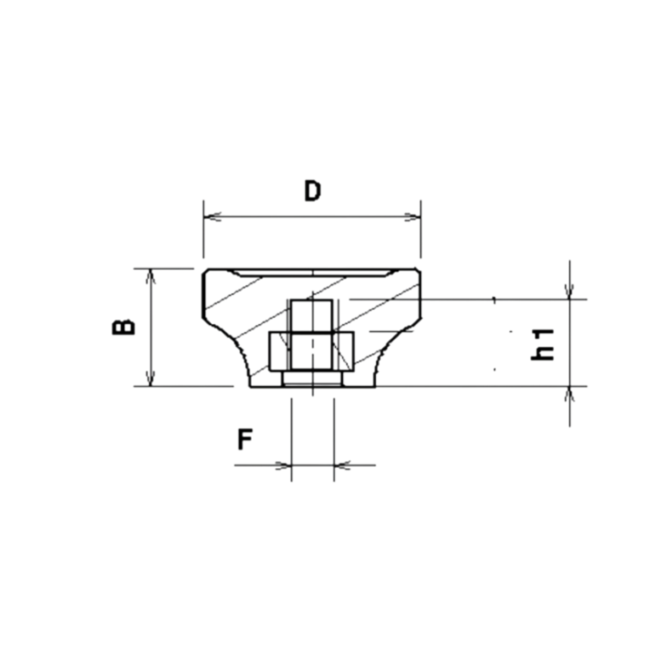 Desenho técnico de um manípulo botão em polipropileno fêmea com dimensões marcadas.