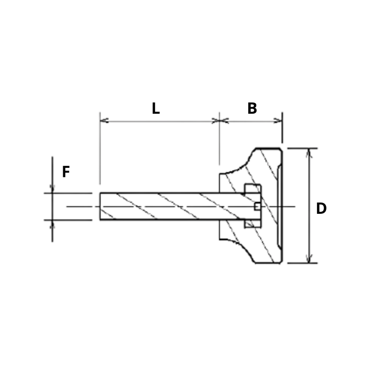 Manípulo botão em polipropileno macho com dimensões indicadas: L, B, D, F.