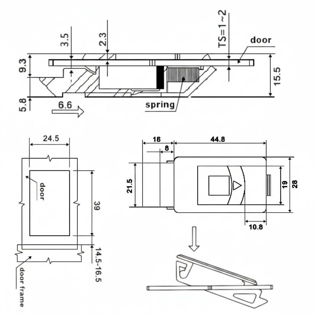 Fecho Deslizante de Embutir Desenho Tecnico