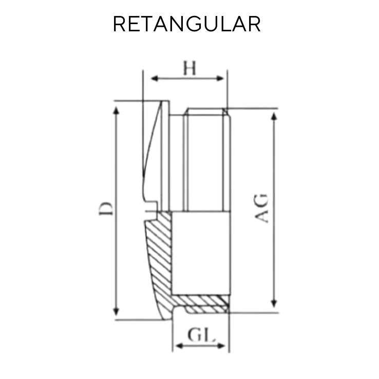 Desenho técnico de um plugue impermeável de nylon IP68 retangular com dimensões identificadas por letras.
