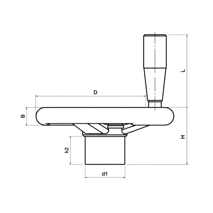 Desenho técnico de um volante de 2 raios com alma de aço e cabo, mostrando dimensões (D, L, B, H, d1, h2).