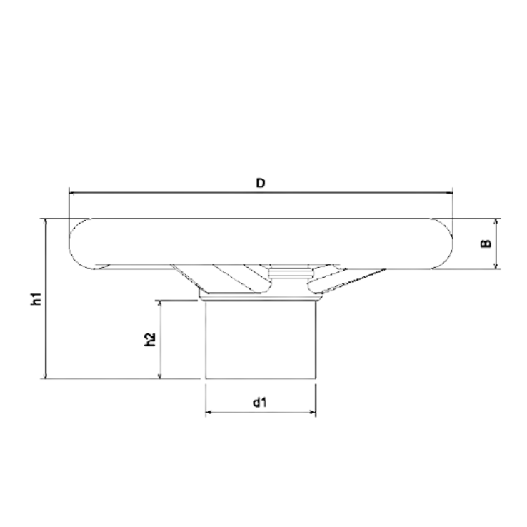Desenho técnico de um volante de 3 raios com dimensões marcadas (D, B, h1, h2, d1).