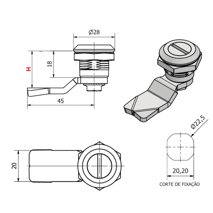 Fecho lingueta Fenda sem batente Desenho Tecnico