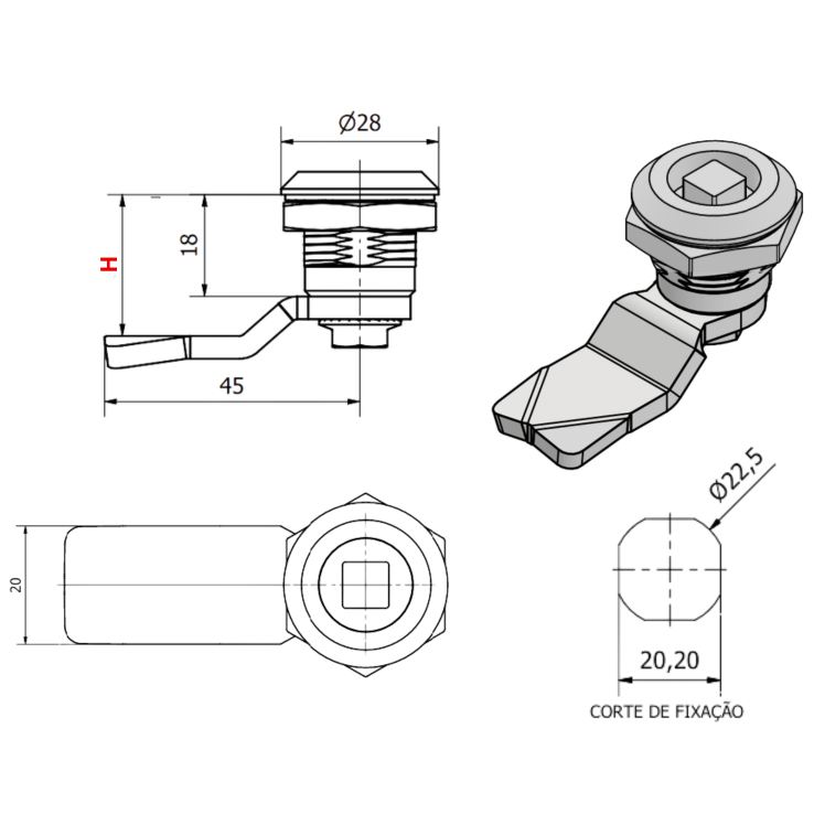 Fecho lingueta Quadrado sem batente Desenho Tecnico