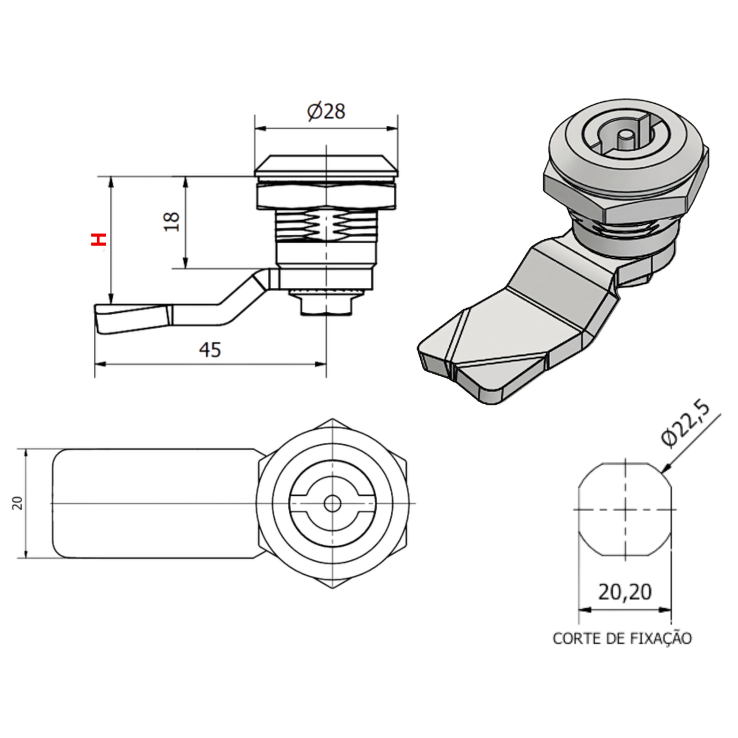 Fecho lingueta Unviersal sem batente Desenho Tecnico