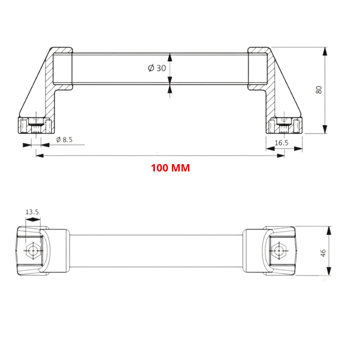 Puxador Industrial aco carbono emborrachado 100 MM Desenho tecnico 1