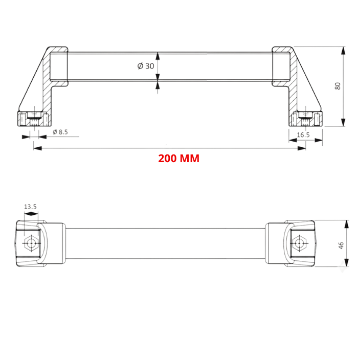 Puxador Industrial aco carbono emborrachado 200 MM Desenho tecnico 1