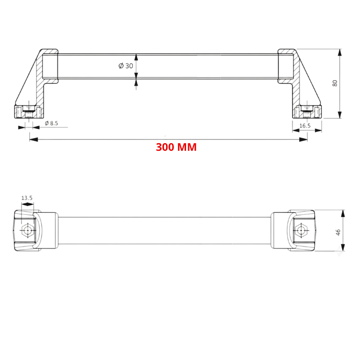 Puxador Industrial aco carbono emborrachado 300 MM Desenho tecnico 1