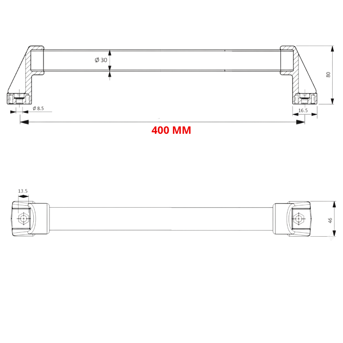 Puxador Industrial aco carbono emborrachado 400 MM Desenho tecnico 1