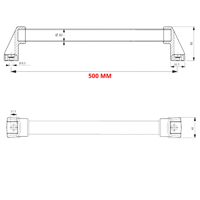 Puxador Industrial aco carbono emborrachado 500 MM Desenho tecnico 1