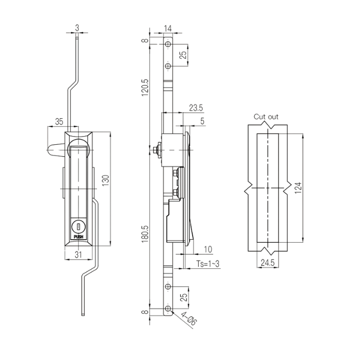 Fecho Escamoteavel com Cremona Inox Desenho Tecnico